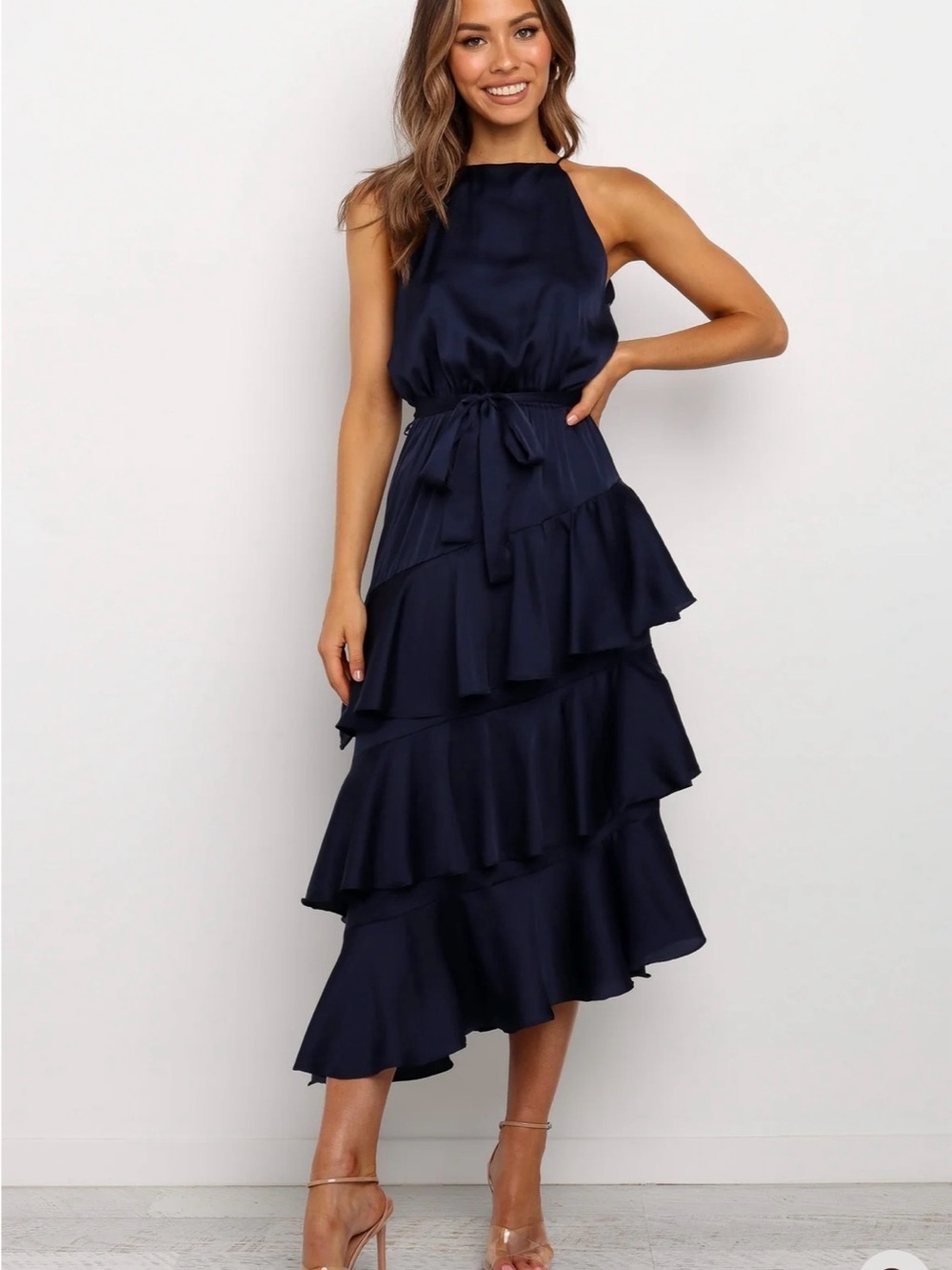 Petal + Pup Navy Halter Ruffle Midi Dress with Waist Tie
